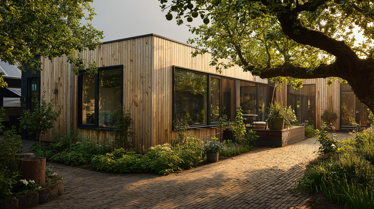 Prefab mantelzorgwoning met lichte houten gevel en grote glaspartijen in een ruime Nederlandse tuin