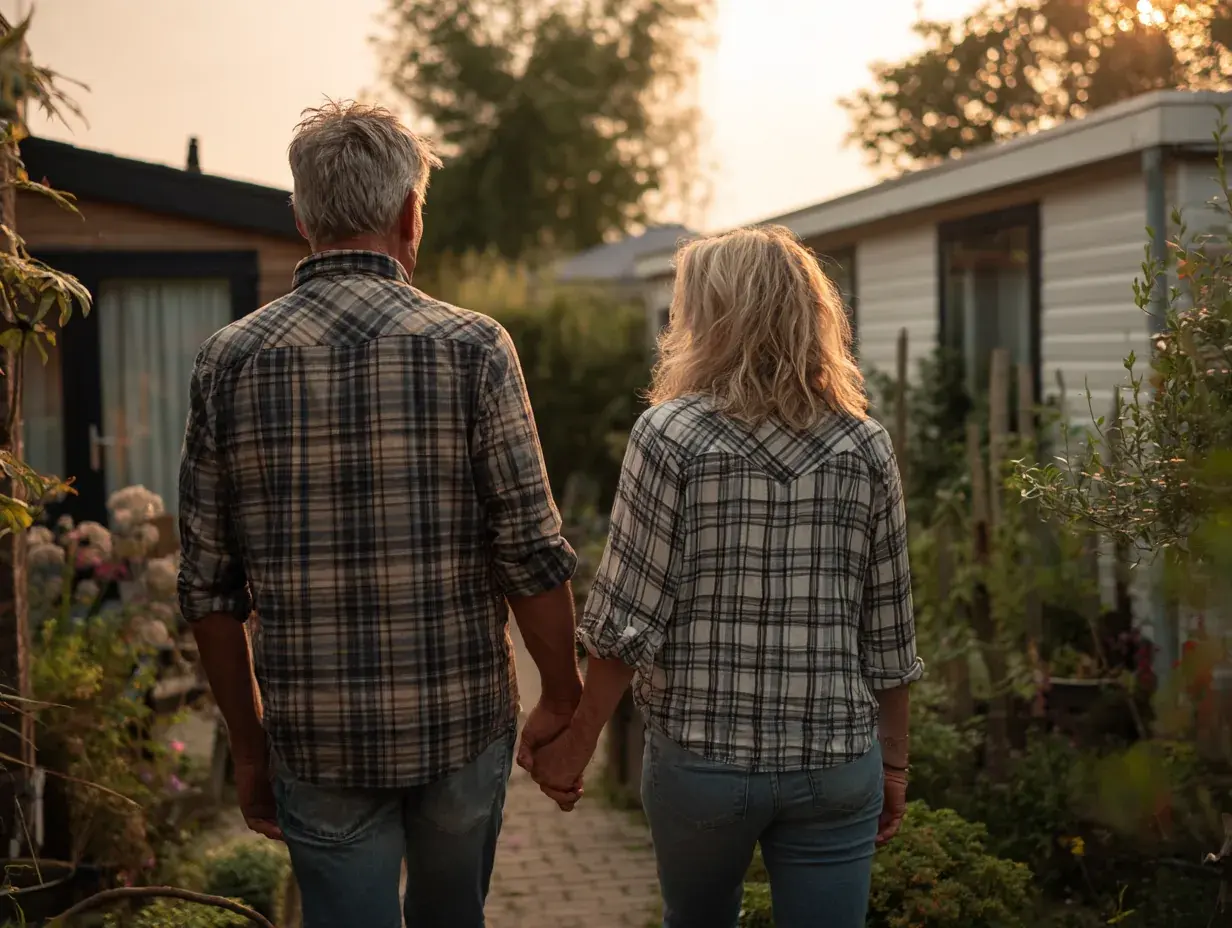 Echtpaar in de vijftig loopt hand in hand richting de mantelzorgwoning in de tuin