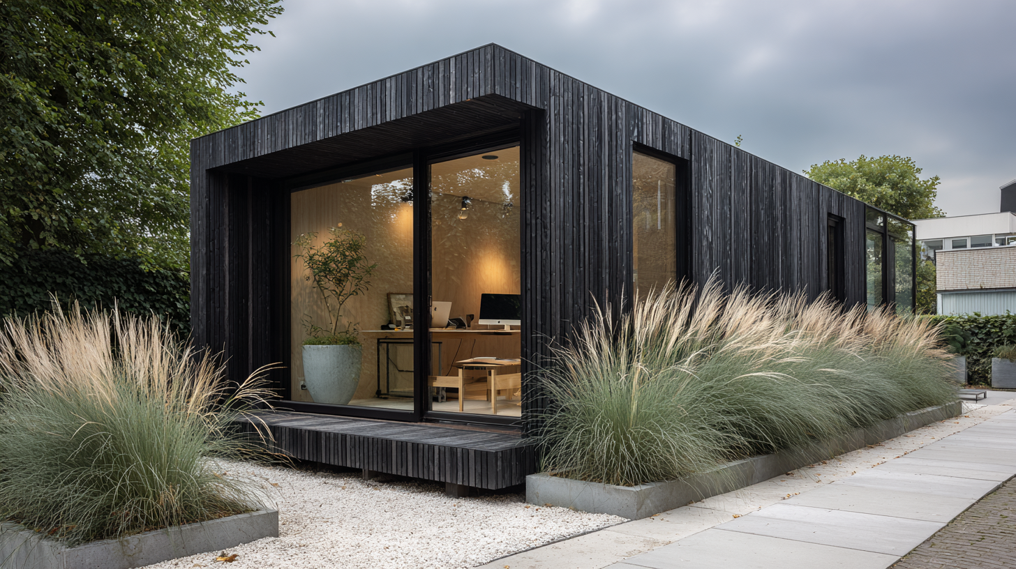 Strak modern prefab tuinkantoor met donkere houten gevel en grote glaspartij in Nederlandse tuin